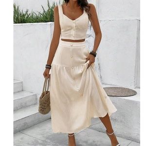 Button Detail Sweetheart Crop Top Maxi Skirt Set